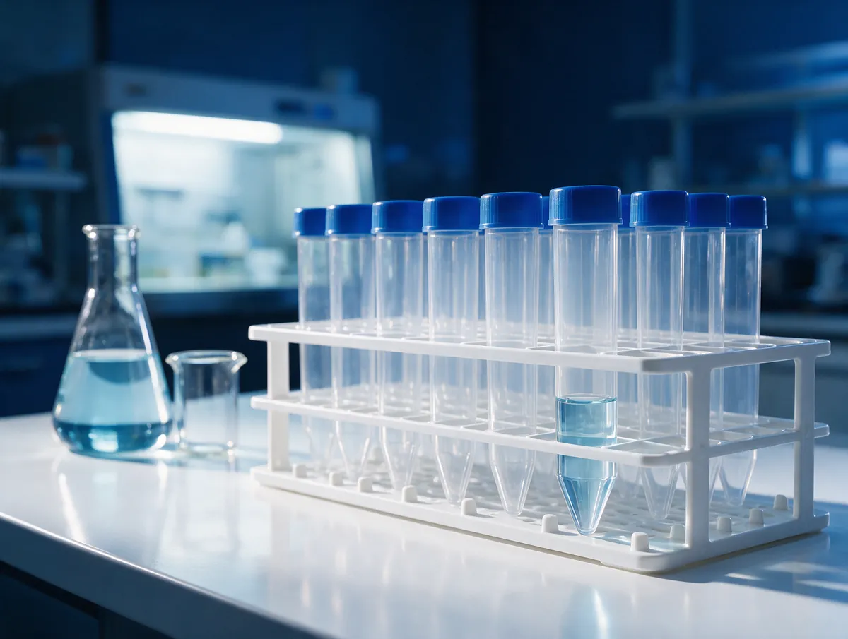 Tubos de centrífuga com tampa azul em suporte sobre bancada de laboratório